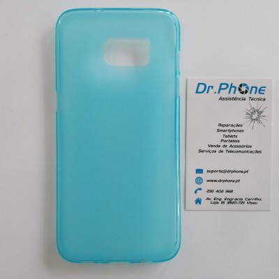 Capa de telemóvel azul translúcida ao lado de cartão de visita Dr. Phone
