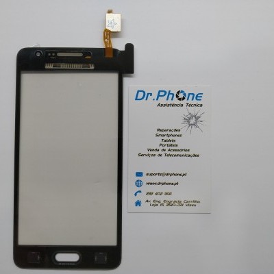 Ecrã táctil preto para smartphone com botão e cabo flexível ao lado de cartão de assistência técnica