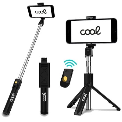 Pau de selfie e tripé preto com texto 'cool' e controlo remoto sem fios