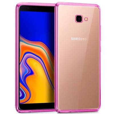 Smartphone Samsung dourado com capa transparente e rosa