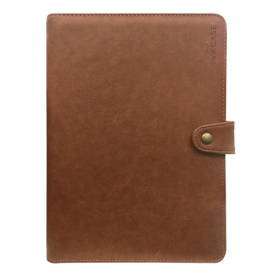 Capa de agenda em couro sintético castanho com fecho de botão