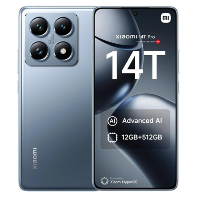 Smartphone Xiaomi 14T Pro azul com ecrã ligado e três câmaras traseiras
