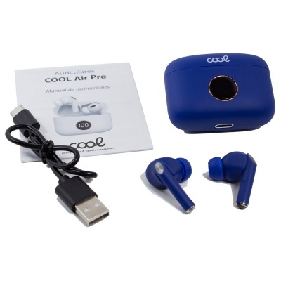Auriculares sem fios COOl Air Pro azuis com estojo e cabo USB