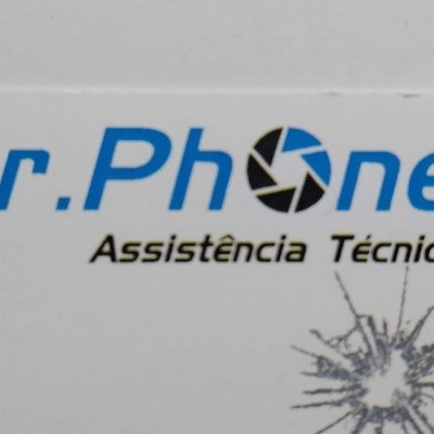 Ecrã branco de telemóvel com logo Dr.Phone e padrão vidro partido