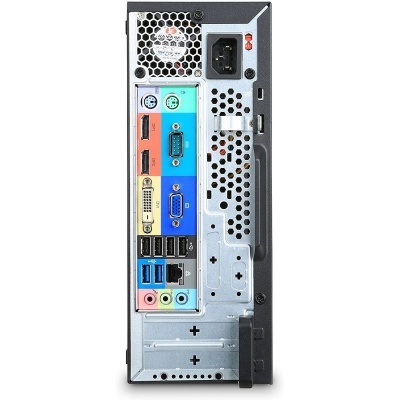 Parte traseira de torre de computador com diversas portas coloridas e entrada de energia