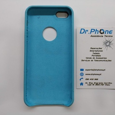 Capa de telemóvel azul clara e cartão de visita da Dr.Phone Assistência Técnica