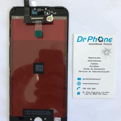 Ecrã de smartphone e cartão de visitas da DrPhone Assistência Técnica