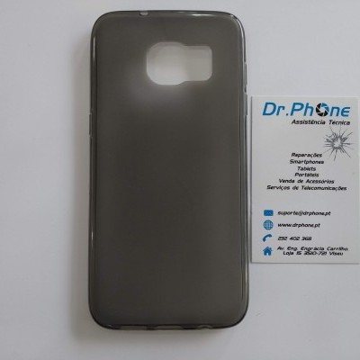 Capa preta translúcida para telemóvel ao lado de cartão de visita Dr. Phone