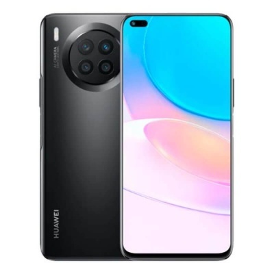 Smartphone Huawei preto com quatro câmaras na traseira e ecrã com duas câmaras frontais