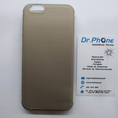 Capa bege de telemóvel e cartão de visita da Dr.Phone em fundo branco