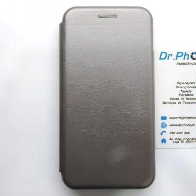 Capa protetora cinzenta para smartphone ao lado de cartão de visita Dr.Phone