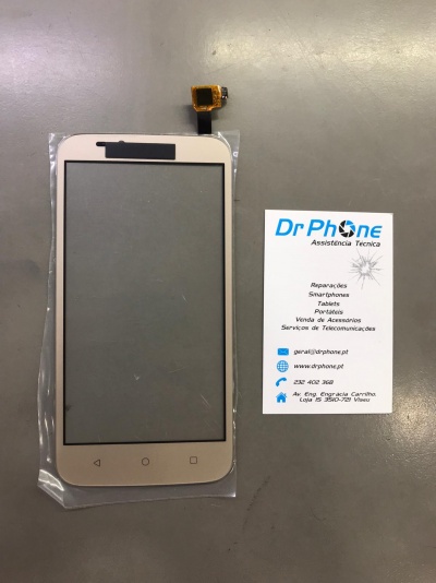 Ecrã táctil dourado para smartphone com cartão de visita ao lado