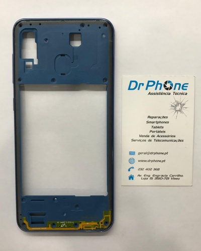 Parte interior da capa traseira de smartphone azul escuro e cartão de visita Dr PHONE Assistência Técnica