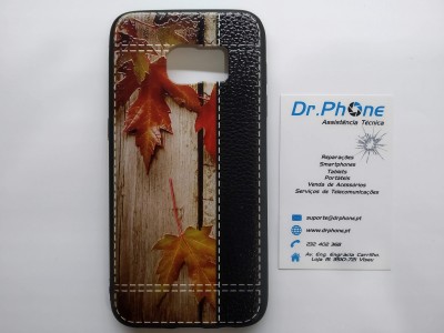 Capa de telemóvel com padrão de folhas de outono e cartão de visita da loja Dr. Phone
