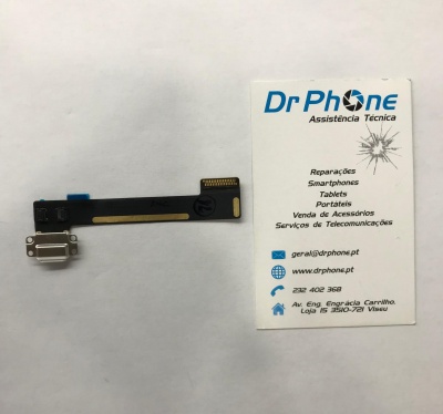 Peça eletrónica preta e cartão de visita da Dr Phone em fundo branco