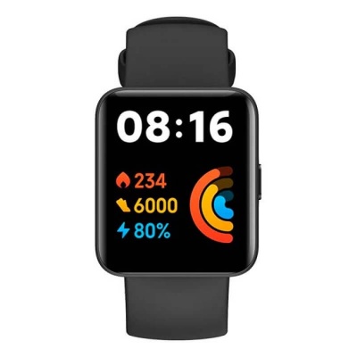 Relógio inteligente com ecrã retangular e pulseira preta mostrando dados de atividade