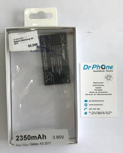 bateria X-Longer para Samsung Galaxy A3 2017 na embalagem com cartão de visita Dr Phone