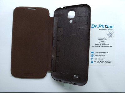 Capa protetora castanha para smartphone com cartão de visita da Dr. Phone