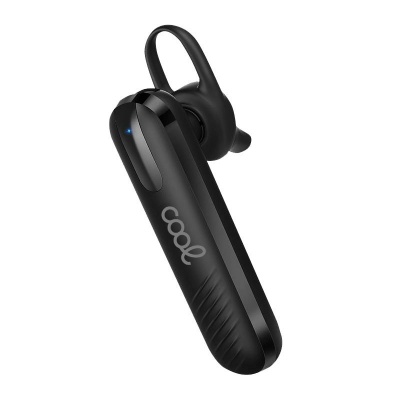 Auricular Bluetooth preto com indicador LED azul e palavra 'cool'
