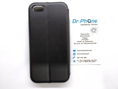 Capa preta para smartphone sobre papel com logotipo da Dr.Phone