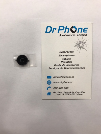 Botão Home preto com anel dourado ao lado de cartão de visita da Dr Phone Assistência Técnica