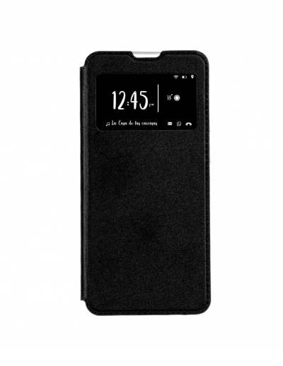 Capa preta para smartphone com janela frontal mostrando hora e notificações