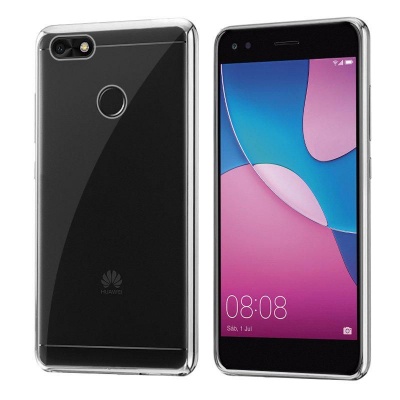 Smartphone Huawei preto com capa transparente e ecrã colorido mostrando data e hora