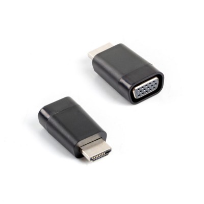 Adaptadores USB-C HDMI e VGA pretos em fundo branco