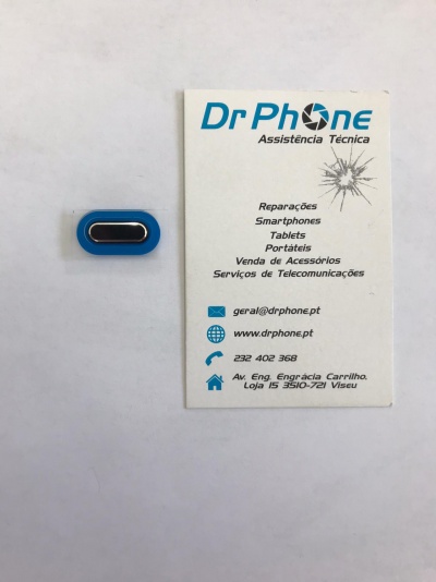 Botão azul e cartão de visita da assistência técnica DrPhone