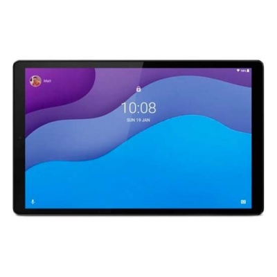 Tablet com ecrã tátil preto a mostrar a hora e data num fundo azul e roxo