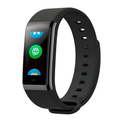 Pulseira smart preta com ecrã retangular e ícones coloridos