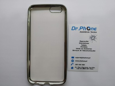 Capa de telemóvel transparente com borda metálica e cartão de visita da Dr. Phone