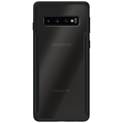 Smartphone Samsung Galaxy S10 preto com capa protetora, vista traseira