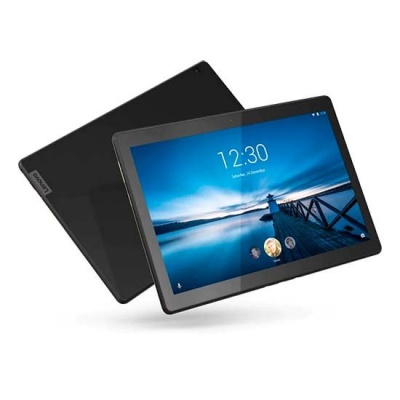 Tablet preto Lenovo com ecrã a mostrar imagem de farol e cais ao entardecer