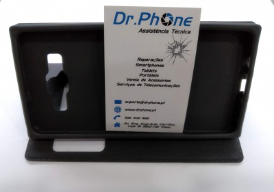 Suporte preto para smartphone com cartão de visita da Dr.Phone