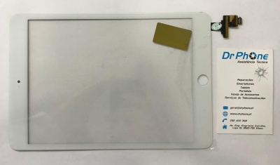 Ecrã tátil branco de tablet com botão home e cartão de visita da Dr Phone