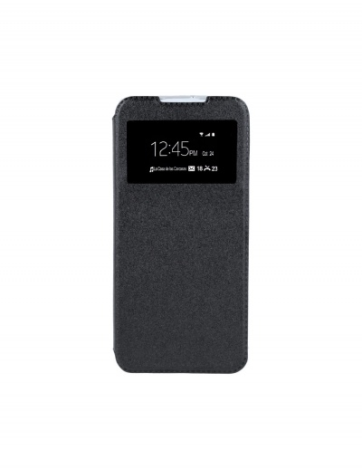 Capa preta para smartphone com janela transparente mostrando o ecrã do telemóvel