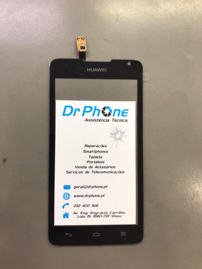 Ecrã frontal preto Huawei com vidro partido e papel de empresa técnica