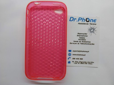 Capa de telemóvel rosa translúcida com padrão de bolhas ao lado de cartão de visita Dr.Phone