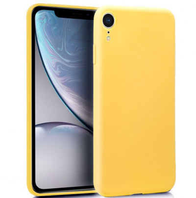 Smartphone com capa amarela e ecrã com gráficos abstratos