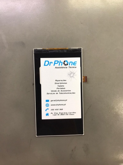 Ecrã substituto para smartphone com etiqueta da empresa Dr Phone Assistência Técnica