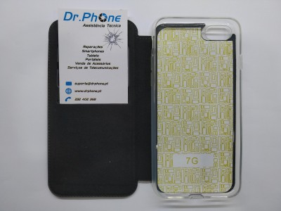 Estojo preto aberto com capa transparente para smartphone e cartão de visita da Dr.Phone