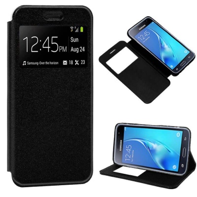 Capa protetora preta para smartphone com janela transparente mostrando o ecrã do telemóvel