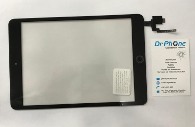 Ecrã tátil preto para tablet com botão circular e cartão de visita da DrPhone