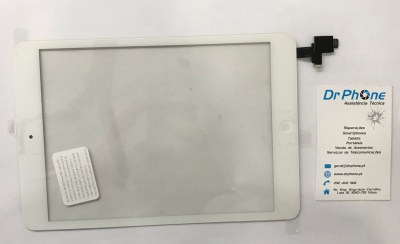 Ecrã tátil branco para tablet com componente flex e cartão de visita da empresa Dr Phone