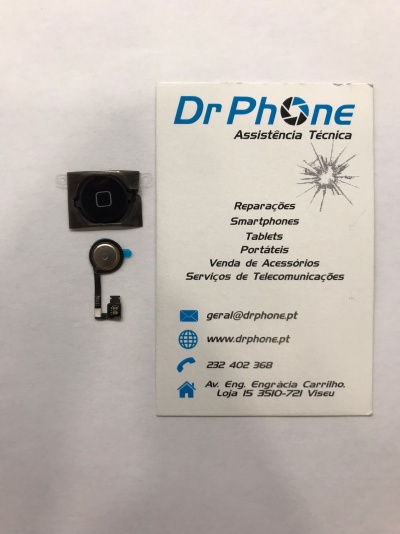Peças eletrónicas pequenas ao lado de cartão de negócio da Dr Phone Assistência Técnica em fundo branco