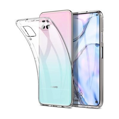Smartphone Huawei com capa transparente em silicone flexível.