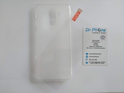 Capa transparente para telemóvel com autocolante vermelho e cartão de visita da Dr. Phone