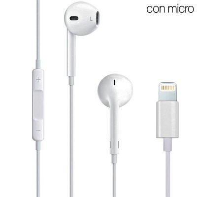Auriculares brancos com microfone e conector Lightning com texto 'con micro'