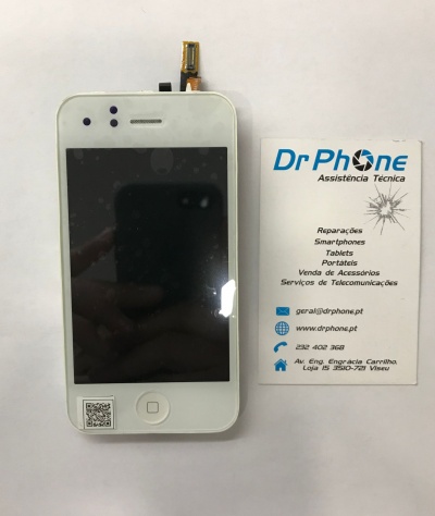 Smartphone branco com ecrã desligado e cartão de visita Dr Phone